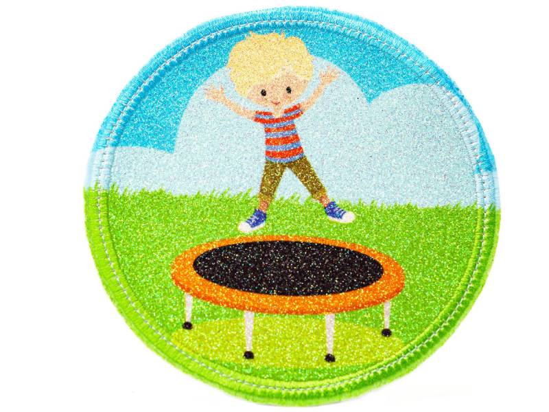Glitzer - Klett Patch Für Schulranzen Trampolin Junge Personalisierbar Mit Namen Auch Als Anhänger Oder Bügelpatch Magnet von Erdbeerkobold