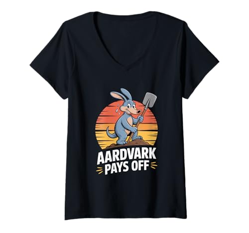 Damen Erdferkel Motivation Aardvark Pays Off Retro Arbeit T-Shirt mit V-Ausschnitt von Erdferkel Humor Arbeit Motivation Retro