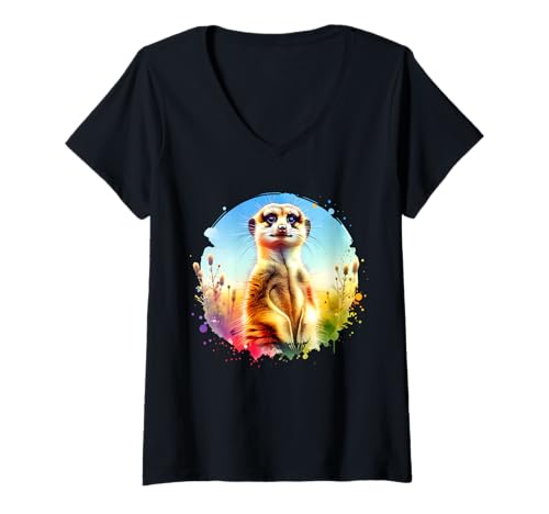 Damen Meerkat Erdmännchen T-Shirt mit V-Ausschnitt von Erdmännchen Damen Herren