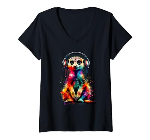 Damen Bunte Splash-art-kopfhörer Erdmännchen-liebhaber Erdmännchen T-Shirt mit V-Ausschnitt von Erdmännchen-geschenk Für Einen