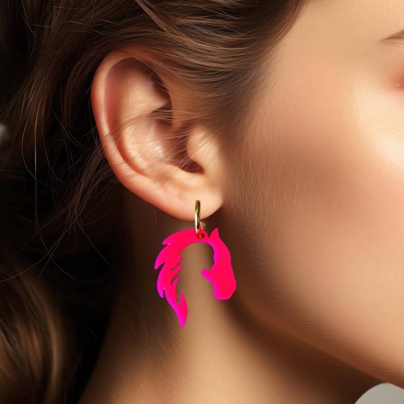 Eur Pink Leuchtend Ohrringe Mit Pferd-Mädchen, Super Leichte Anhänger, Goldfarbene Creolen, Große Grazile Ohr Ringe, Acryl Schmuck von ErdmaennchenLuna