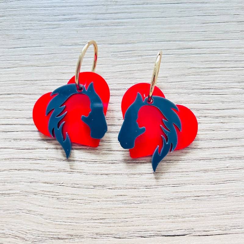 Ohrringe | Goldfarben - Herz Mit Silhouette Pferd/ Mädchen | Rot/Schwarz 060-17 von ErdmaennchenLuna