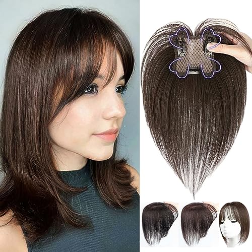 Eree Hair 10" Free Part Menschliche Haar Topper mit französischem Pony 7X7cm Handgemachte Top Haarteil Clip in Human Haarverlängerungen für Frauen mit dünnem Haar Hinzufügen Haarvolumen Dunkelbraun von Eree Hair