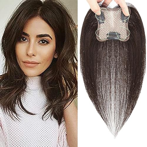 Eree Hair 10" Menschenhaar Topper 2.75x2.75" Handgemachte Top Haarteil Clip in Mensch Haar Verlängerungen Wiglet Hairpiece für Frauen mit dünnerem Haar hinzufügen Haar Volumen Dunkelbraun von Eree Hair