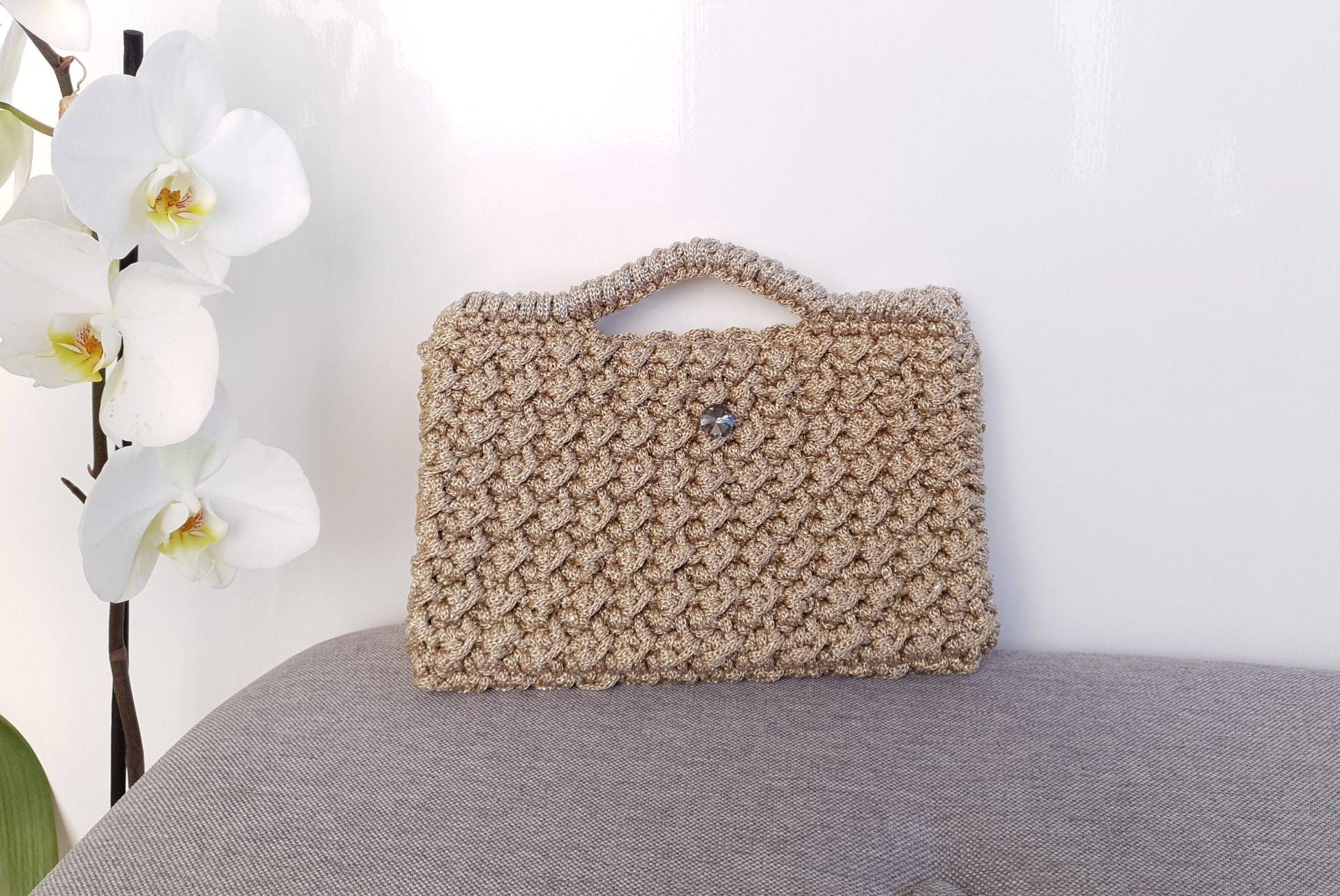 Gehäkelte Tasche, Handgemachte Tasche Für Frauen, Geschenk Sie, Handgewebte Tasche, Gehäkelte Tasche, Gold Metallisiert, Handgestrickte von ErgastiriPareas