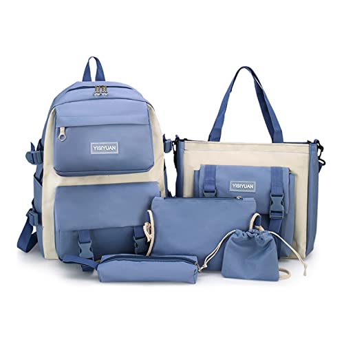 Ergocar Wasserdichtes Modisch Schultaschen-Sets 5 in 1 mit Handtasche, Federmäppchen, Münztasche, Schulrucksack für Kinder, Teenagers Schulranzen, Rucksack für Mädchen & Jungen, Blau von Ergocar