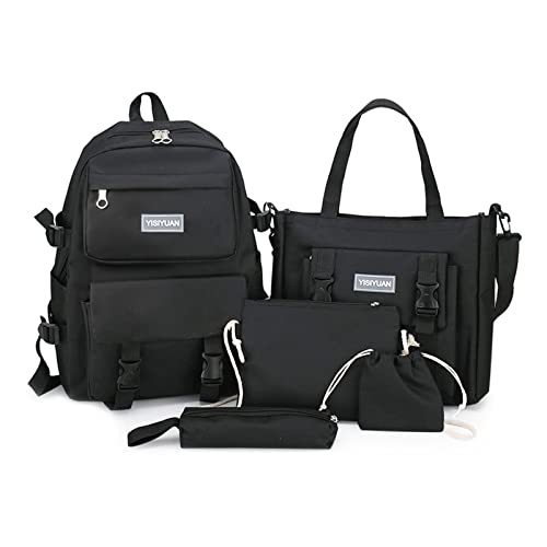 Ergocar Wasserdichtes Modisch Schultaschen-Sets 5 in 1 mit Handtasche, Federmäppchen, Münztasche, Schulrucksack für Kinder, Teenagers Schulranzen, Rucksack für Mädchen & Jungen, Schwarz von Ergocar