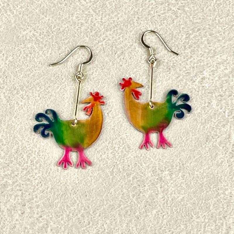 Regenbogen Hahn Kupfer Ohrringe Handgemachte Tier Schmuck von EricasCreatures