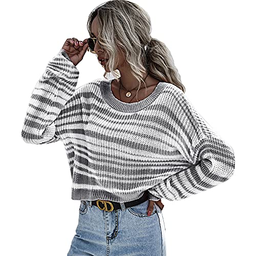 Erichman Frauen Langarm Crew Neck Striped Farbe Block Beiläufige Lose Gestrickte Pullover Pullover Tops (2 gray,S) von Erichman