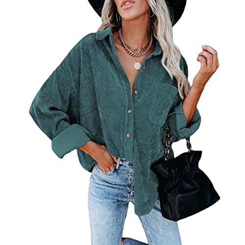 Frauen Cord Taste Unten Shirts Freund Langarm Übergroßen Blusen Tops (Green,S,S) von Erichman