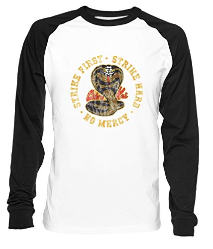 Cobra Kai - Strike First - Strike Hard - No Mercy - HD Distressed Variant 3 Herren Damen Unisex Baseball T-Shirt Weiß Schwarz 2/3 Ärmel Women's Men's Unisex von Erido