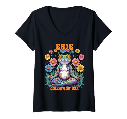 Damen Erie Colorado USA Frog Chill Zen-Design T-Shirt mit V-Ausschnitt von Erie Colorado USA Souvenir Designs