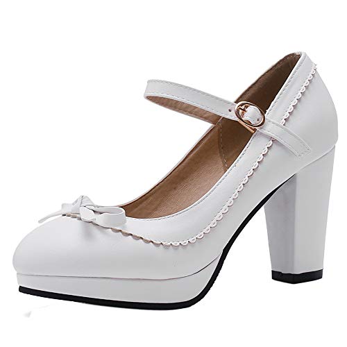 BeiaMina Damen Klassischer High Heel Pumps Fesselriemen Party Schuhe Plateau Pumps Blockabsatz White Gr 39 Asian von ErikenUrben