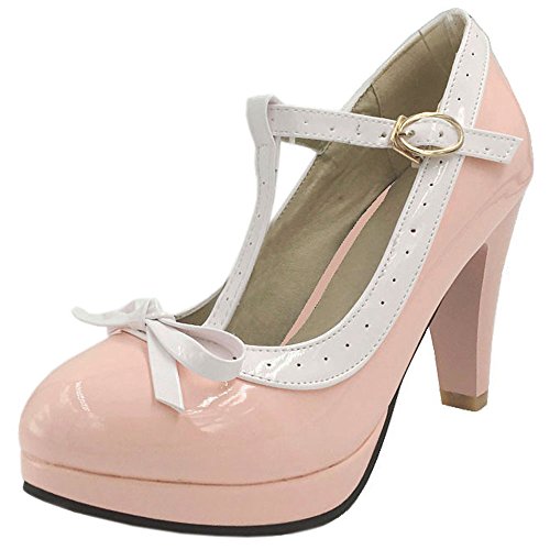 BeiaMina Damen Sweet Trichterabsatz Pumps T Spange Bow Pumps Hohe Ferse Shoes Party Hochzeit Footwear Synthetisch Lack Pink Gr 39 Asian von ErikenUrben