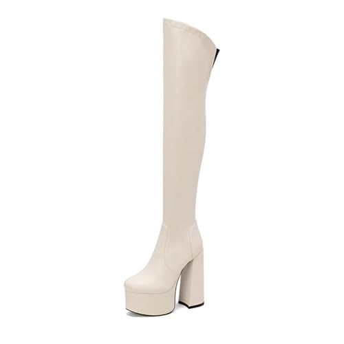 ErikenUrben Damen Beige Plateau Oberschenkel Stiefel Chunky Heel Über dem Knie weitschaftstiefel Stretch Langschaft Stiefel Reißverschluss Beige Große 35 von ErikenUrben