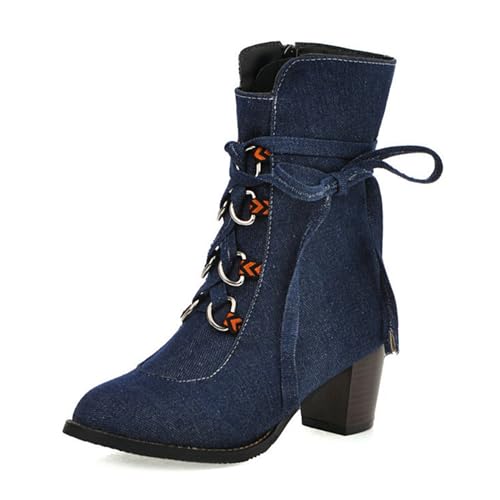 ErikenUrben Damen Denim Stiefeletten Runde Zehen Mid Stiefel Blue Jeans Blockabsatz Stiefel High Heels Stiefel Reißverschluss Shenlan Große 45 Asiatisch von ErikenUrben