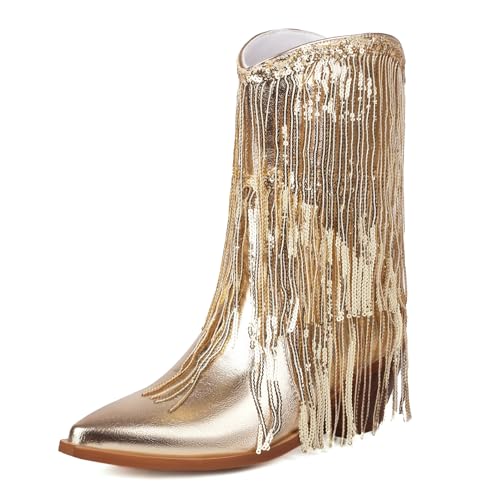 ErikenUrben Damen Franse Western Stiefel Metallic Cowboy Stiefel Pull on Pointed Toe Sequin Stiefel Knöchel Party Stiefel Gold Große 35 Asiatisch von ErikenUrben