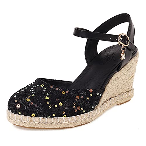 ErikenUrben Damen Geschlossen Espadrilles Sandalen Plateau Keilabsatzs Knöchelriemchen Sommer gemutlich Breathable Schuhe Black Size 43 Asian von ErikenUrben