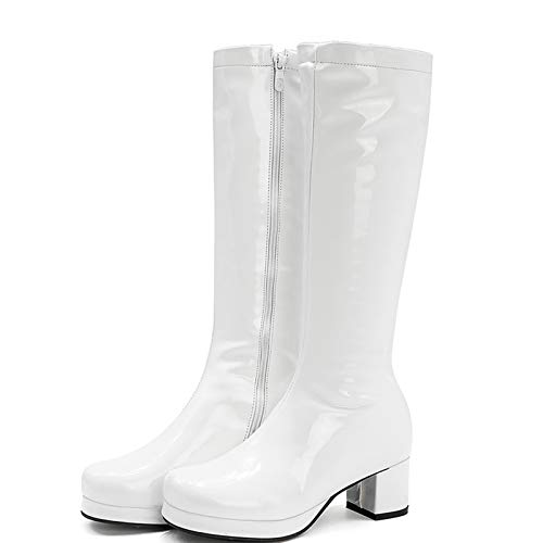 ErikenUrben Damen Go-Go Stiefel Mode Knie Stiefel Lack Leder Chunky Absatz Mid Stiefel Plateau Party Hochzeit Schuhe 60s Costume Stiefel Reißverschluss White Große 39 Asiatisch von ErikenUrben