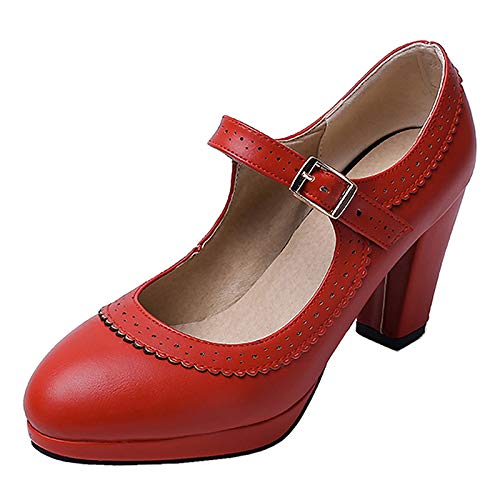 ErikenUrben Damen Klassischer High Heel Pumps Schuhe Plateau Party Schuhe Blockabsatz Pumps Schnalle Red Gr 46 Asian von ErikenUrben