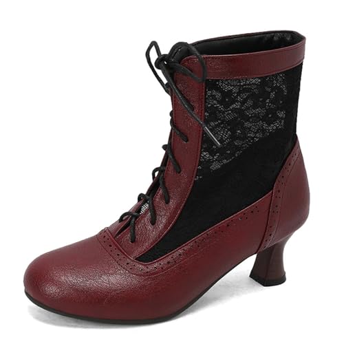 ErikenUrben Damen Lace Knöchel Stiefel Vintage Victorian Stiefelettens Kitten Heel Braut Hochzeit Stiefel Reißverschluss Red Große 38 von ErikenUrben