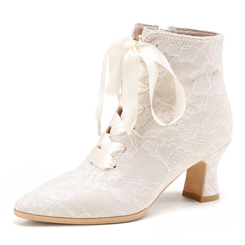 ErikenUrben Damen Lace Viktorianische Stiefel White Braut Hochzeit Stiefeletten Pointed Toe Kitten Heel Costume Schuhe Reißverschluss Große 37 von ErikenUrben