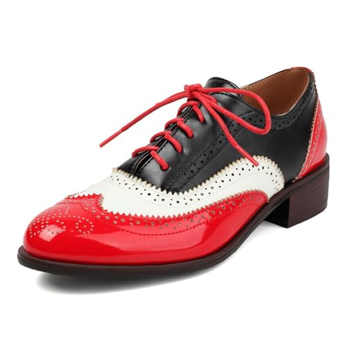 ErikenUrben Damen Leder Saddle Oxford Schuhe Perforated Schnüren Wingtip Kleid Schuhe Colorful Low Heel Haferlschuhe Red Große 40 von ErikenUrben
