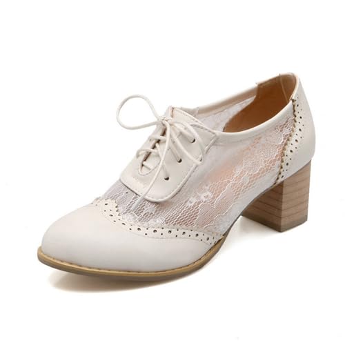 ErikenUrben Damen Mesh Oxfords High Heels Vintage Schnürenschuhe Blockabsatz Wingtip Schuhe Business Buro Kleid Pumps Schuhe Apricot Große 36 Asiatisch von ErikenUrben