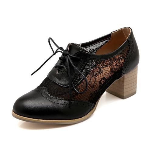 ErikenUrben Damen Mesh Oxfords High Heels Vintage Schnürenschuhe Blockabsatz Wingtip Schuhe Business Buro Kleid Pumps Schuhe Black Große 40 Asiatisch von ErikenUrben