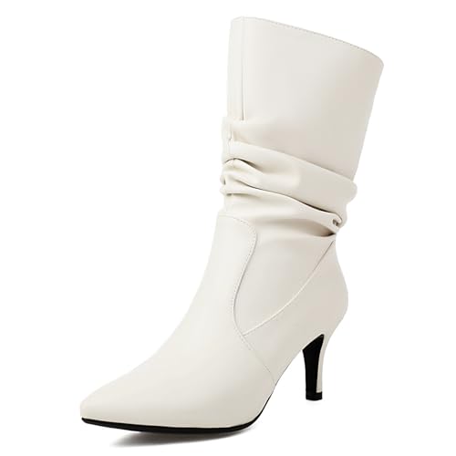 ErikenUrben Damen Metallic Slouchy Stiefel Stiletto Heel Wadenhoch Stiefel Glitzer Pointed Toe Kleid Stiefel Schlupf Beige Große 47 von ErikenUrben