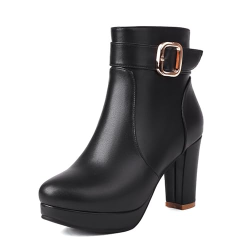 ErikenUrben Damen Mode Höhe Ferse Ankle Stiefel Plateau Chunky Heel Stiefeletten Solid Color Party Kleid Stiefel Herbst High Top Stiefel Black Große 34 Asiatisch von ErikenUrben