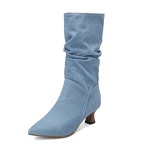 ErikenUrben Damen Mode Slouchy Stiefel Mid Stiefel Kitten Heel Schuhe Pull on Kleidy Stiefel Pointed Toe High Stiefel BlueBU Große 48 Asiatisch von ErikenUrben