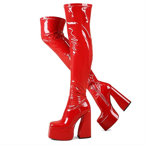 ErikenUrben Damen Overknees Stiefel Plateau High Heels Schuhe Stretch Boots Reißverschluss QipiRed Große 37 von ErikenUrben