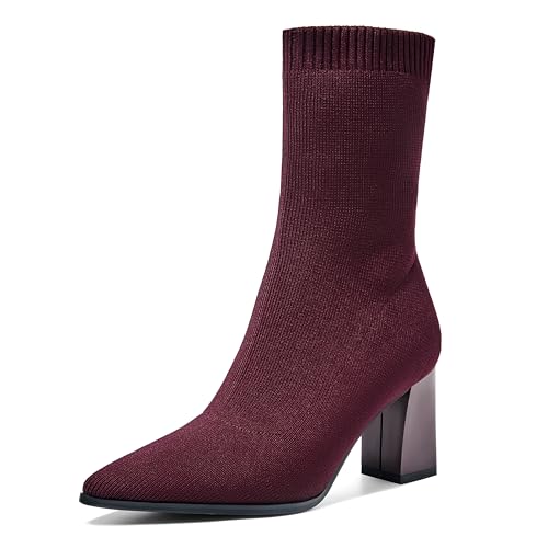 ErikenUrben Damen Pointed Toe Stretch Sock Stiefeletten Blockabsatz Knit Stiefel Schlupf Claret Große 43 von ErikenUrben