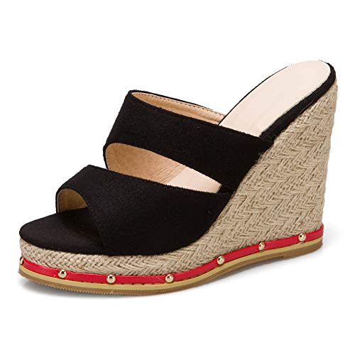 ErikenUrben Damen Sandalen Pantoletten Keilabsatz Sommer Strand Espadrilles Offener Zeh Hausschuhe Römer Plateau Party High Heels Black Size 46 Asian von ErikenUrben