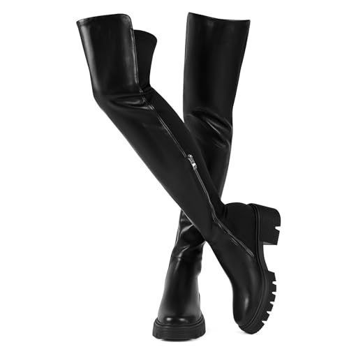 ErikenUrben Damen Schwarz Overknees Stiefel mit Plateau-Chunky-Heel, Stretch, Kniehoch, Langschaft, Reißverschluss, Größe 40 von ErikenUrben