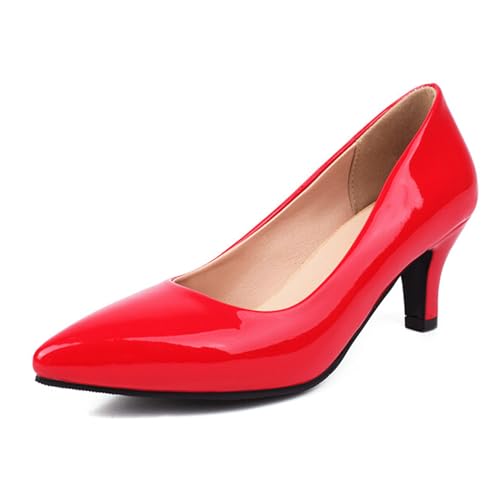 ErikenUrben Damen Solid Color Pointed Toe Kitten Heel Schuhe mit Absatz 2.3 Inch Ohne Verschluss Stiletto Absatz Schuhe Lack Leder Arbeit Kleid Schuhe Red Große 47 Asiatisch von ErikenUrben