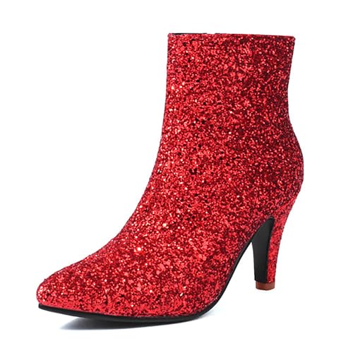 ErikenUrben Damen Sparkly Knöchel Stiefel Pointed Toe Kleid Stiefel Side Reißverschluss Stiletto Stiefeletten Bling Hochzeit Schuhe Red Große 44 Asiatisch von ErikenUrben