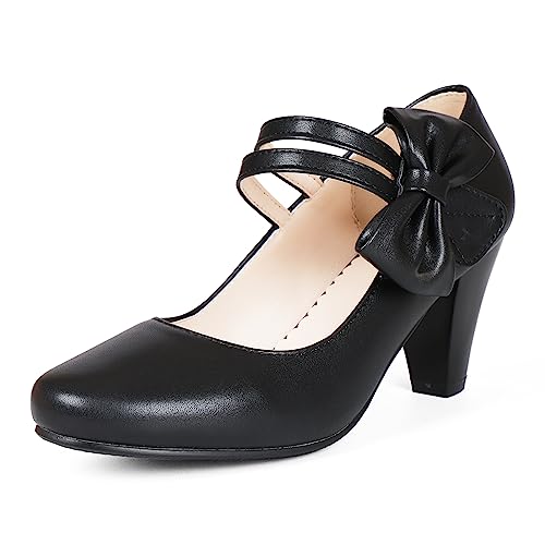 ErikenUrben Damen Vintage Mary Jane Schuhe Süß Bogen Heels 1950s Schuhe mit Absatz Knöchelriemchen Lolita Schuhe Party Dressy Pumps Schuhe Black Size 37 Asian von ErikenUrben