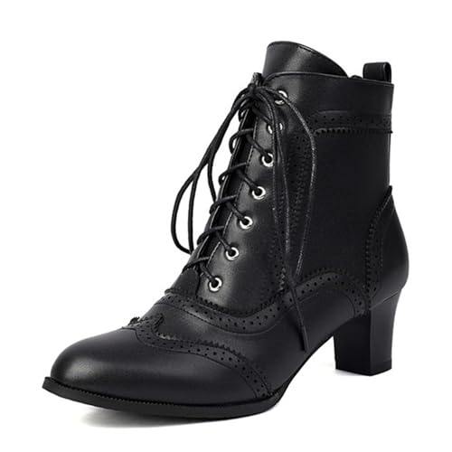 ErikenUrben Damen Vintage Viktorianische Stiefel Schnüren 70s Witch Stiefelettens Mid Heel Steampunk Stiefel Black Große 41 von ErikenUrben