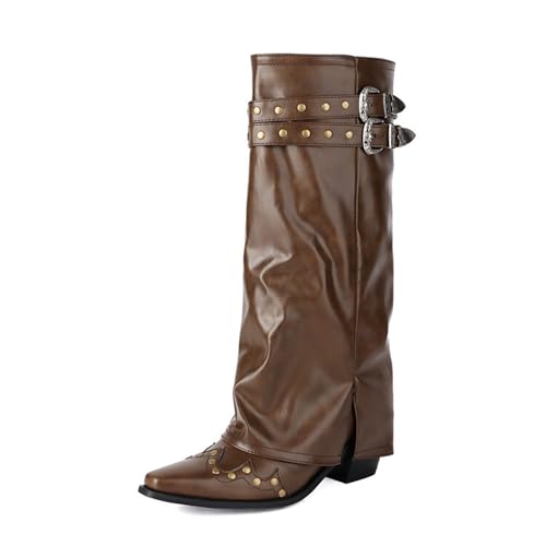 ErikenUrben Damen Vintage Wadenhoch Cowboy Stiefel Fold Over Western Cowgirl Stiefel Pointed Toe Metal Studded Tall Stiefel Schlupf Tabs DarkBrown Große 44 von ErikenUrben