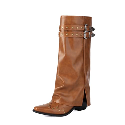 ErikenUrben Damen Vintage Wadenhoch Cowboy Stiefel Fold Over Western Cowgirl Stiefel Pointed Toe Metal Studded Tall Stiefel Schlupf Tabs Yellow Große 39 von ErikenUrben