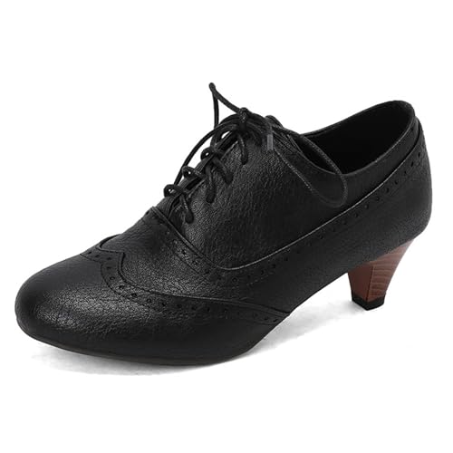 ErikenUrben Damen Vintage Wingtip Oxford Pumps Schnüren Low Kitten Absatz Perforated Low Top Stiefelettens Black Große 38 von ErikenUrben