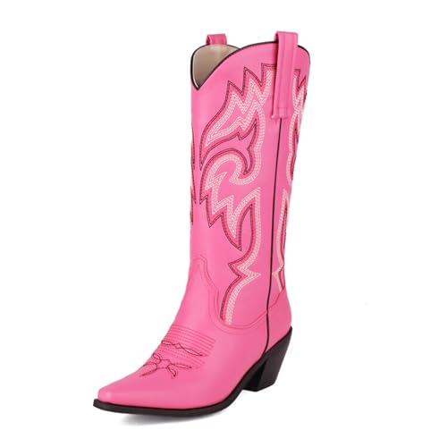 ErikenUrben Damen Wadenhoch Cowboy Stiefel Pointed Toe Embroidered Western Stiefel Schlupf Tabs Tall Cowgirl Stiefel Pink Große 48 von ErikenUrben