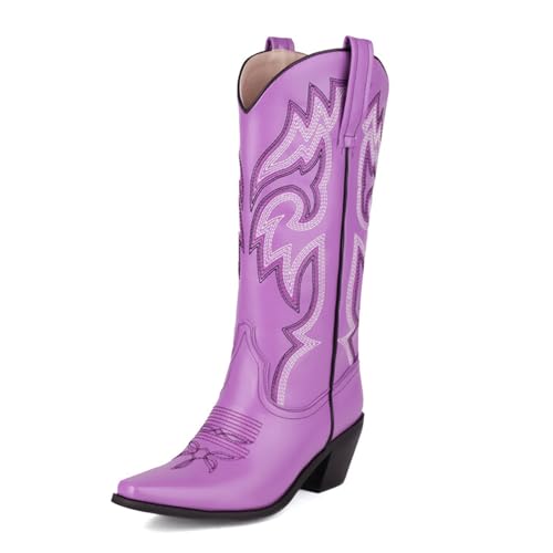 ErikenUrben Damen Wadenhoch Cowboy Stiefel Pointed Toe Embroidered Western Stiefel Schlupf Tabs Tall Cowgirl Stiefel Purple Große 40 von ErikenUrben