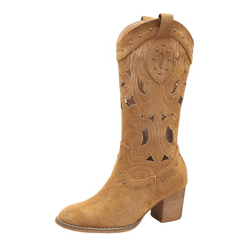 ErikenUrben Damen Western Cowboy Stiefel Stacked Heel Mesh Cowgirl Stiefel Almond Toe Weitschaft Country Stiefel LoukongZong Große 37 von ErikenUrben