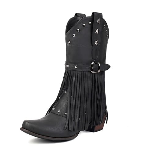 ErikenUrben Damen Franse Cowboy Stiefel Distressed Western Stiefel Studded Blockabsatz Mid Stiefel Black Große 7.5 von ErikenUrben