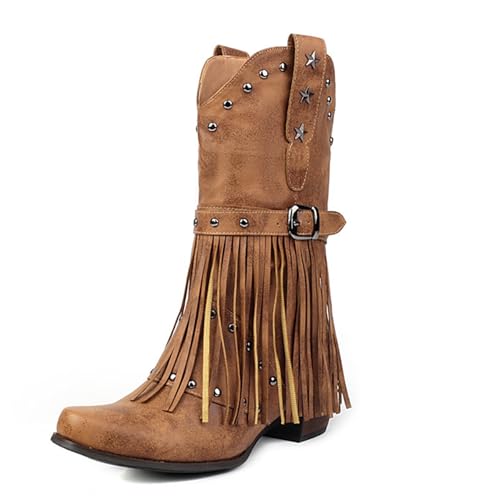 ErikenUrben Damen Franse Cowboy Stiefel Distressed Western Stiefel Studded Blockabsatz Mid Stiefel Brown Große 7.5 von ErikenUrben