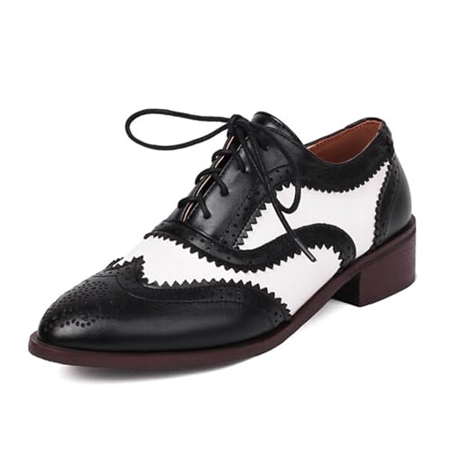 ErikenUrben Damen Wingtip Oxford Schuhe Schnüren Niedrig Chunky Heel Saddle Schuhe 50s Vintage Schnürhalbschuhe Two Tone Flach Schuhe Black Große 41 Asiatisch von ErikenUrben