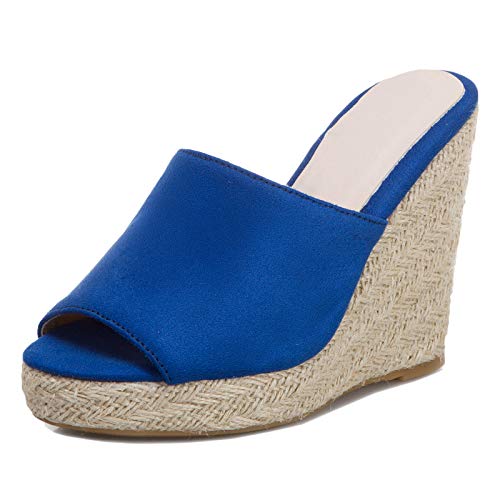 ErikenUrben Damen klassischer Sandalen Keilabsatz Espadrille Plateau High Heels Mules Sommer Peep Toe Slide Sandalen Blue size 46 Asian von ErikenUrben